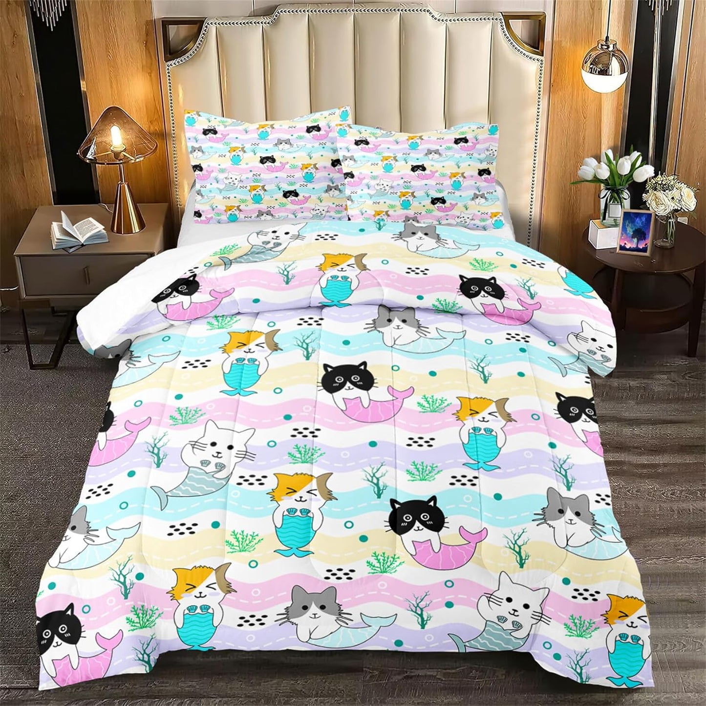 Cute Cartoon Dinosaur Bedding Set, Ultra Soft Full Size Comforter Set for Boys, Lovely Dinosaur Printed Comforter for Kids Teens, Dark Blue Microfiber Quilt for All Season 3Pcs with Pillowcases