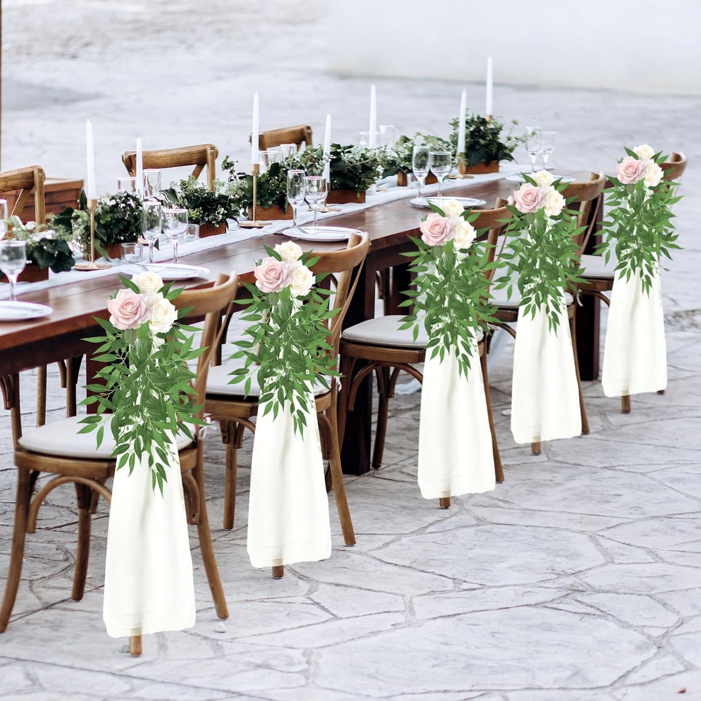 VitalCozy Wedding Aisle Chair Decorations - 12 Sets White Sashes with Artificial Ruscus & Chiffon for Ceremonies