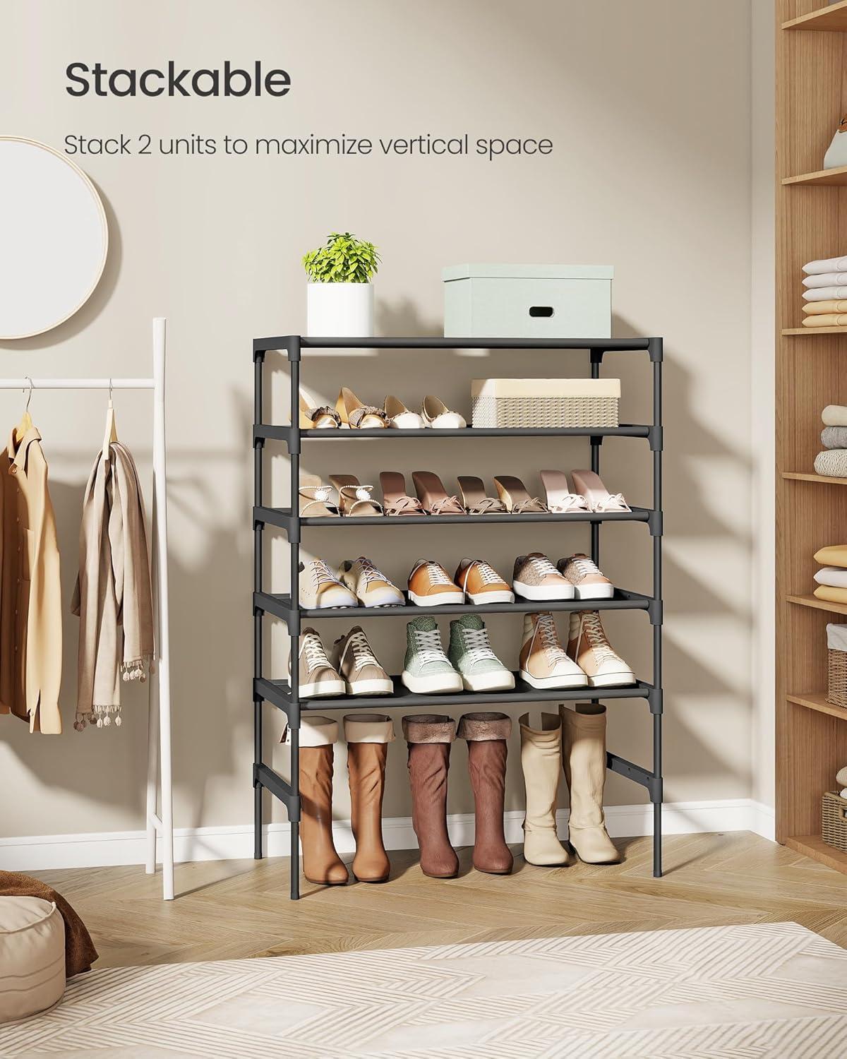 SONGMICS Shoe Rack - 3-Tier Space-Saving Organizer for Entryway - Ink Black, 11.7 x 24.5 x 21 Inches