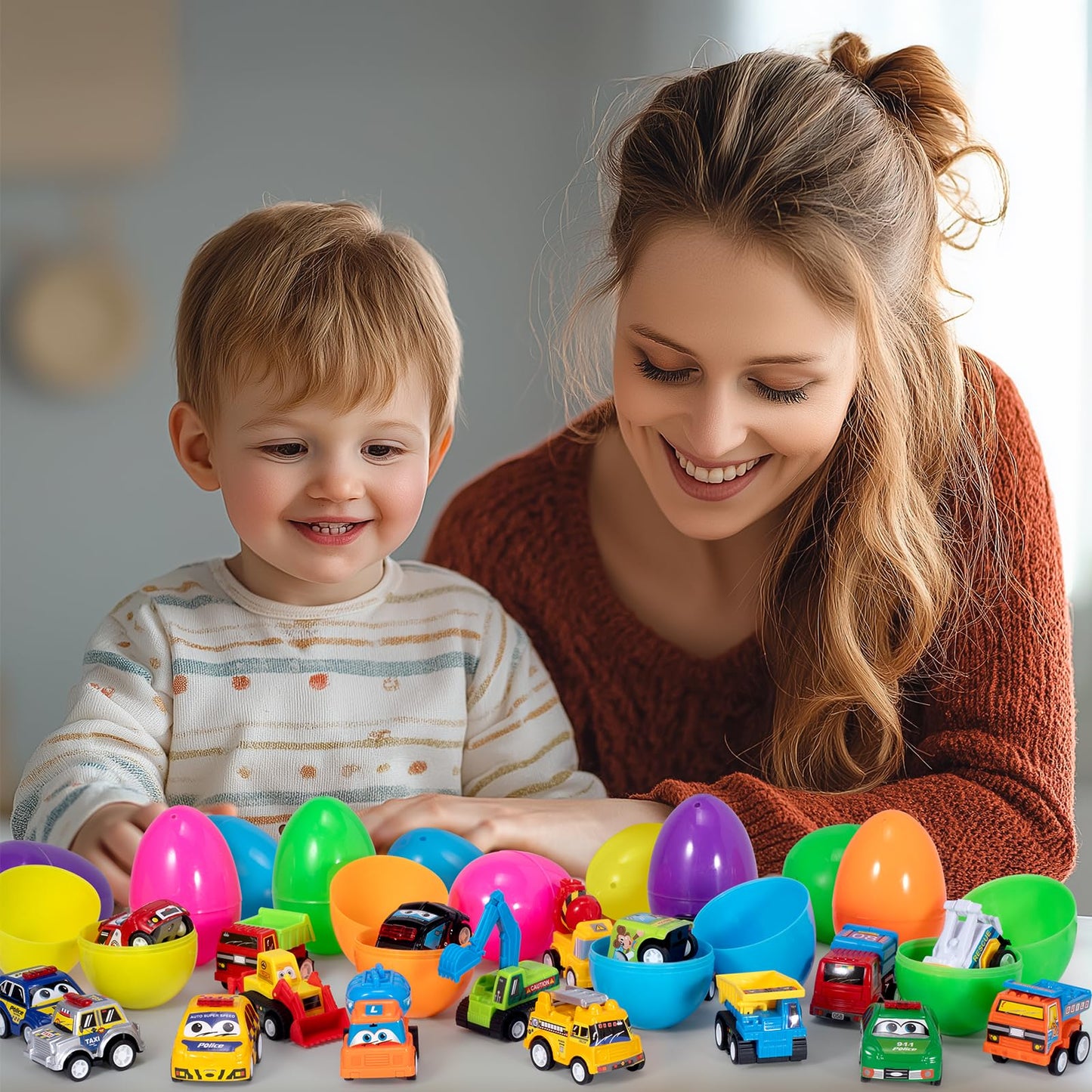 SUGFUT 24 PCS Prefilled Easter Eggs with Toys Pull Back Cars Easter Basket Stuffers for Toddler Gifts for Kids - Easter Party Favors
