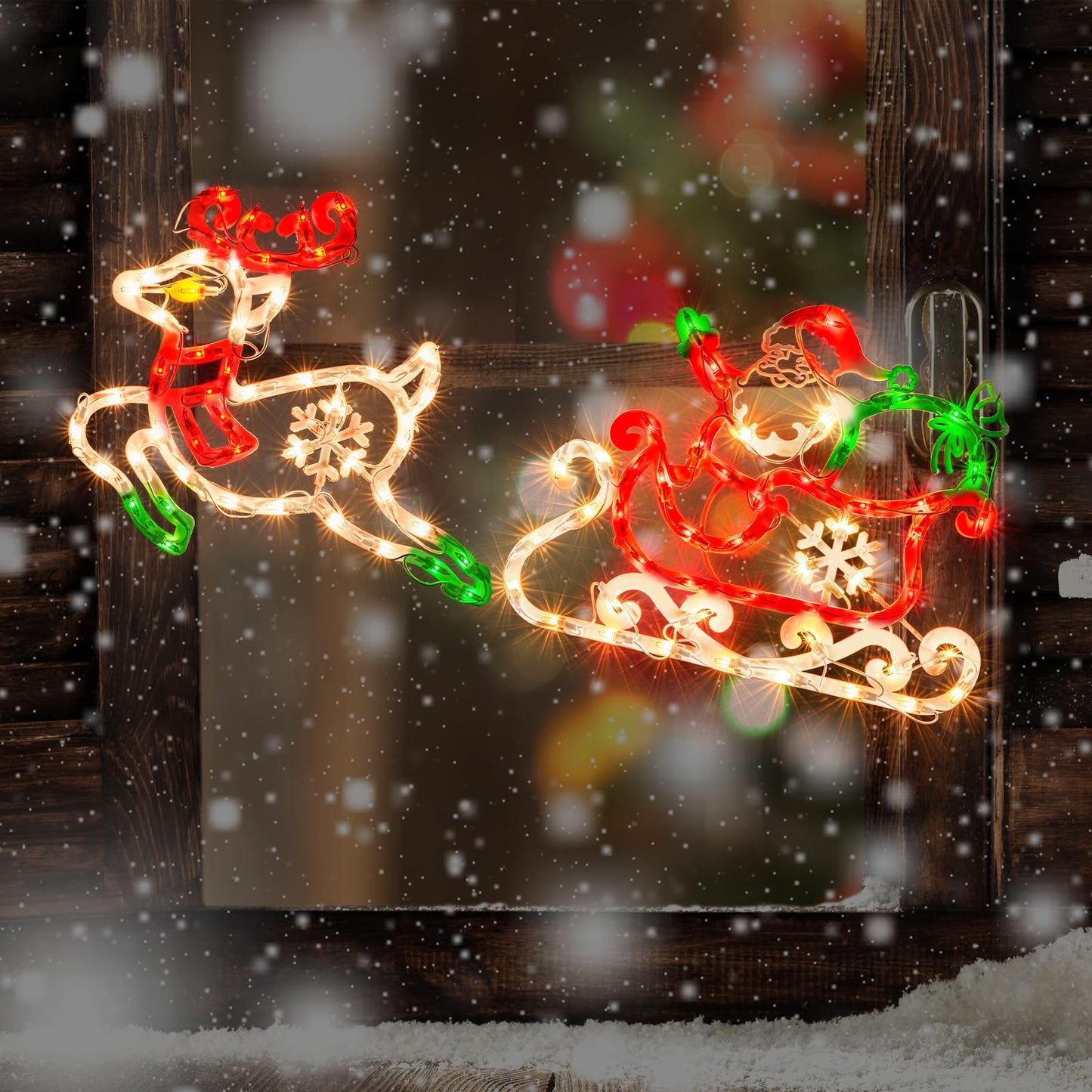 JUSTPRO 50L Lighted Christmas Sculpture,Including: Deer x1,Santa and Sleigh x1, for Holiday Indoor and Outdoor Wall Door Christmas Window Decorate