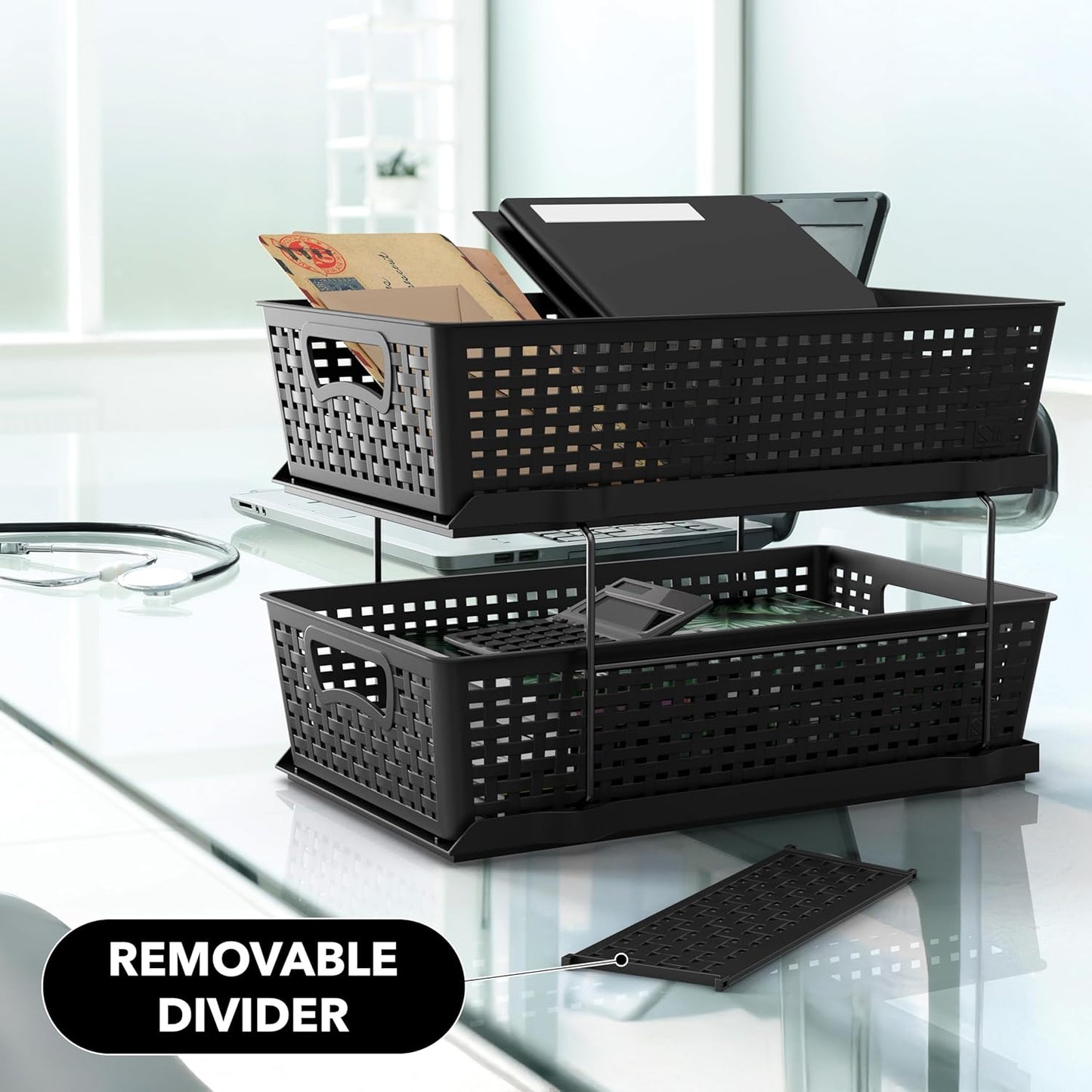 Simple Houseware 2-Tier Bathroom Organizer Tray - Pull-Out Sliding Drawer for Under Sink Storage, Black
