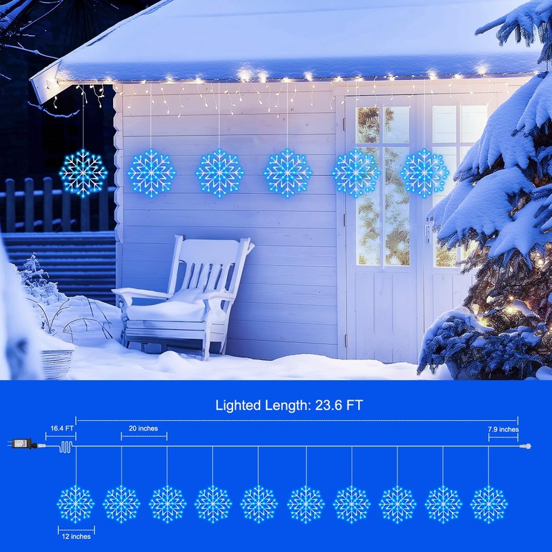 Brightown Christmas Snowflake Icicle Lights Outdoor - Plug-in 23.6ft 10 Drops 480LED Snowflake Window Lights for Indoor Outdoor Porch Eaves Rooftops Canopy Christmas Decoration, Blue and White