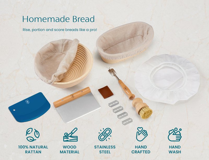 Kook Banneton Bread Proofing Set, Artisan Sourdough Bread Making Kit with Round & Oval Rattan Baskets, Liners, Dough Scrapers, Scoring Lame + Blades, Brush & Dough Cover (Set of 2)
