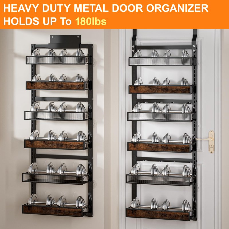 6 Tier Pantry Door Organizer Spice Rack, 2-IN-1 Wall Mount or Hanging Over Door Seasoning Organizer with Adjustable Baskets, Heavy Duty Behind Door Storage Shelves for Pantry, Cabinet and Kitchen