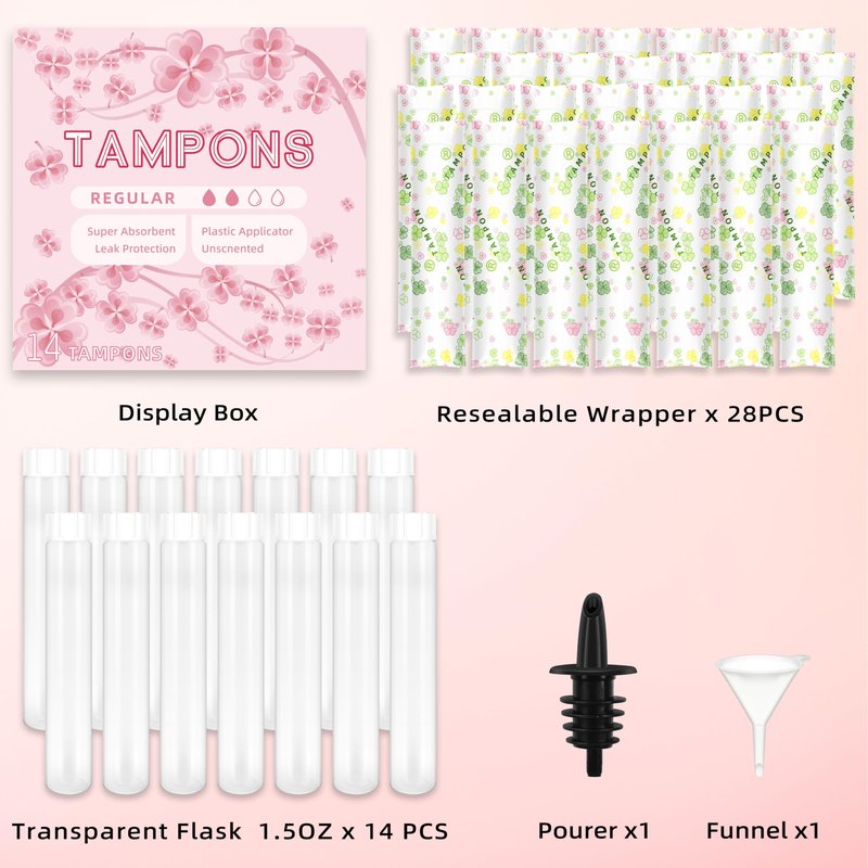 JUSONEY 14 Pack Tampon Flasks (21oz Total) Hidden Flasks for Liquor, Hidden Alcohol Container for Cruises,Nightclubs and Sports Events, Leakproof, Discreet & Easy Fill with Funnel