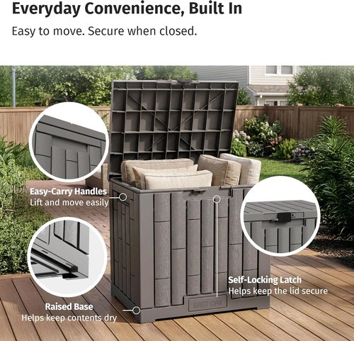 EAST OAK Outdoor Storage Box - 31 Gallon Waterproof Resin Bin for Cushions & Tools | Lockable, UV Resistant, Grey
