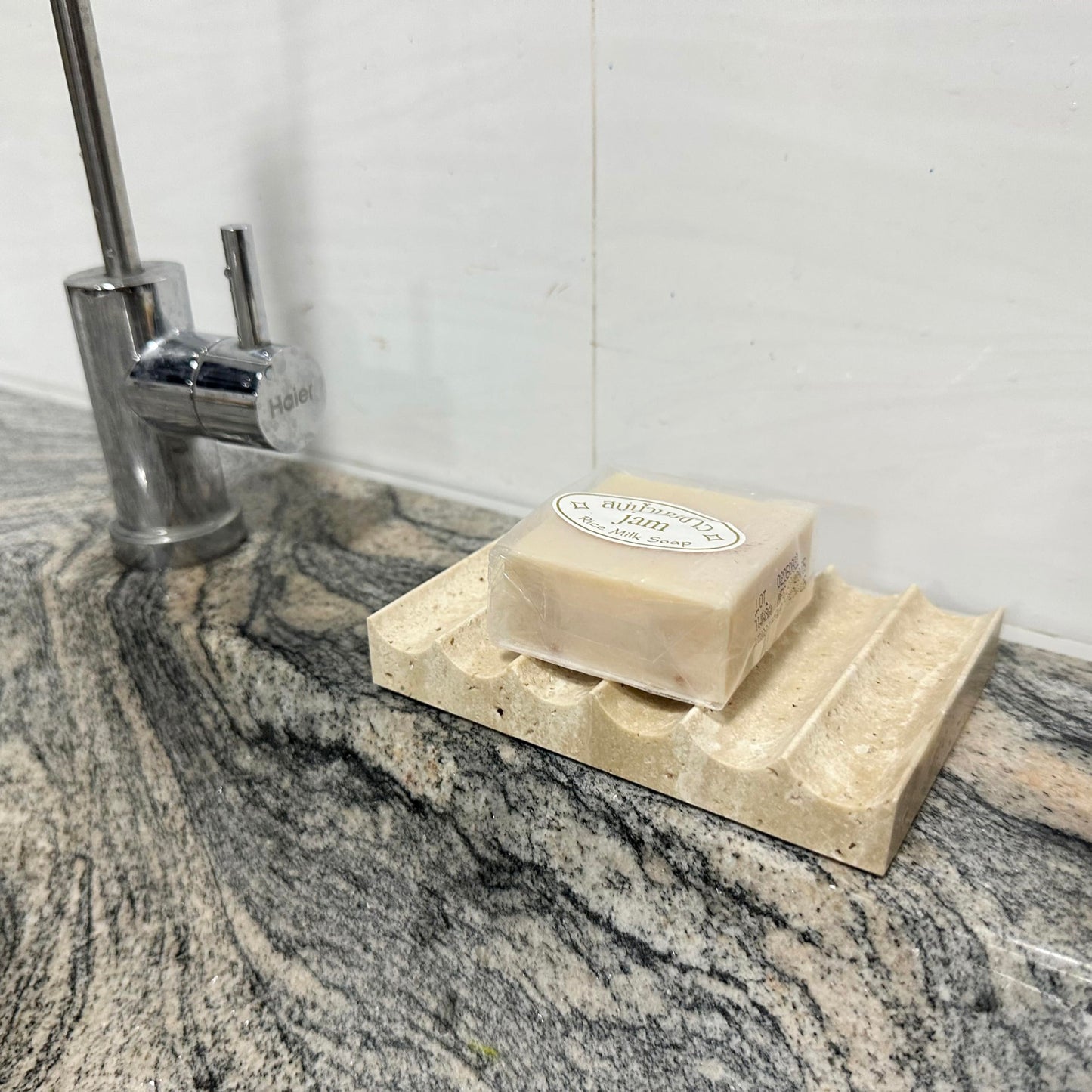 PHINILUX Luxury Travertine Soap Dish Marble Jewelry Ring Tray - Rectangle Marble Soap Tray & - Self Draining Soap Holder for Bathroom, Kitchen, Beige Travertine