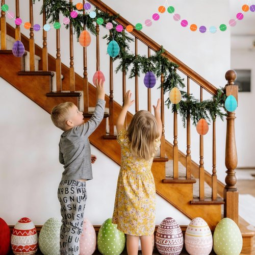 AhfuLife Easter Decorations Set, Happy Easter Bunny Paper Banner, Easter Egg Hunt Signs Clues with Sticks and Bunny Feet, Reusable Bunting for Home Garden Indoor Outdoor Party Game Decorations