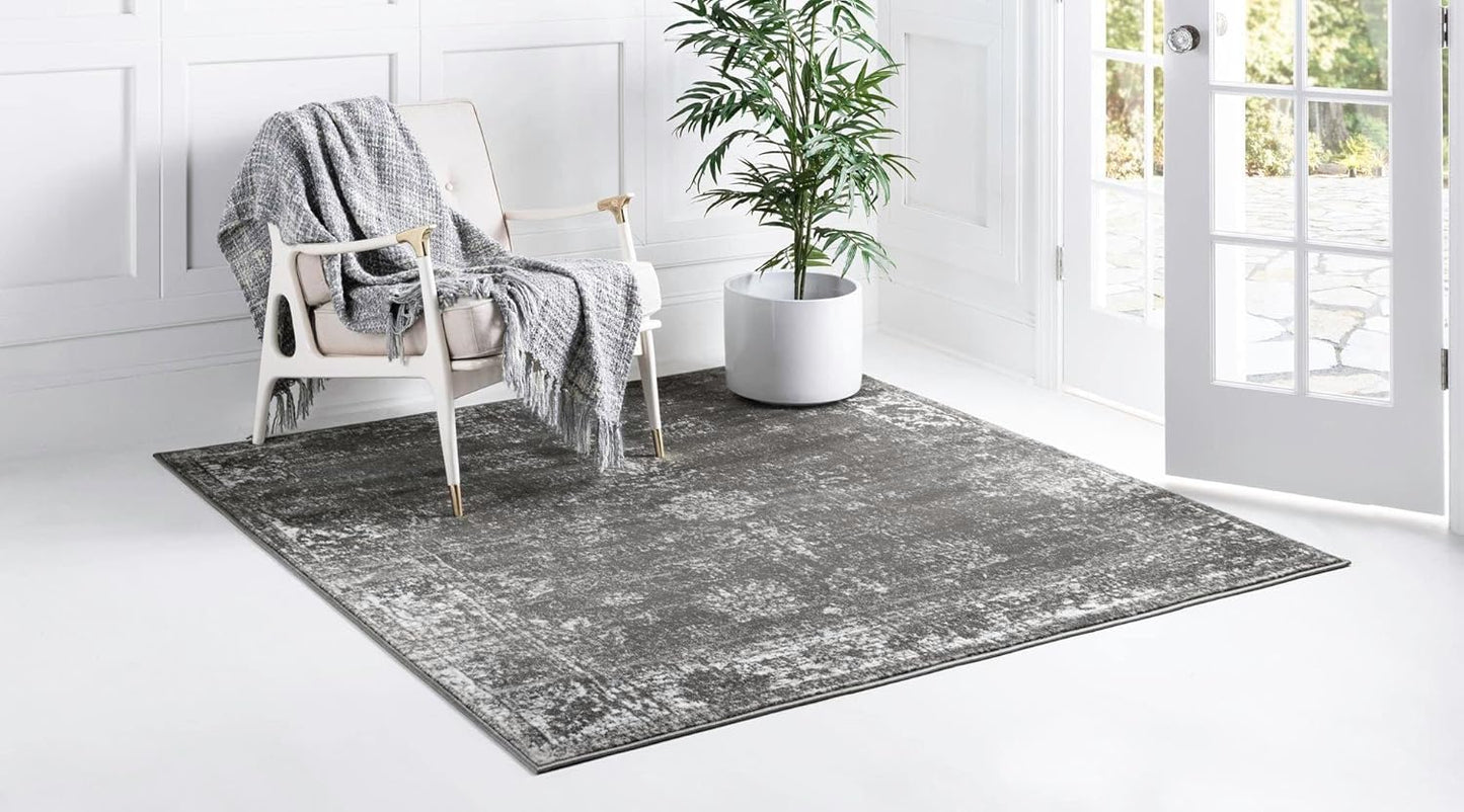 Unique Loom Sofia Collection Area Rug - Casino (6' 1" Square, Dark Gray/ Ivory)