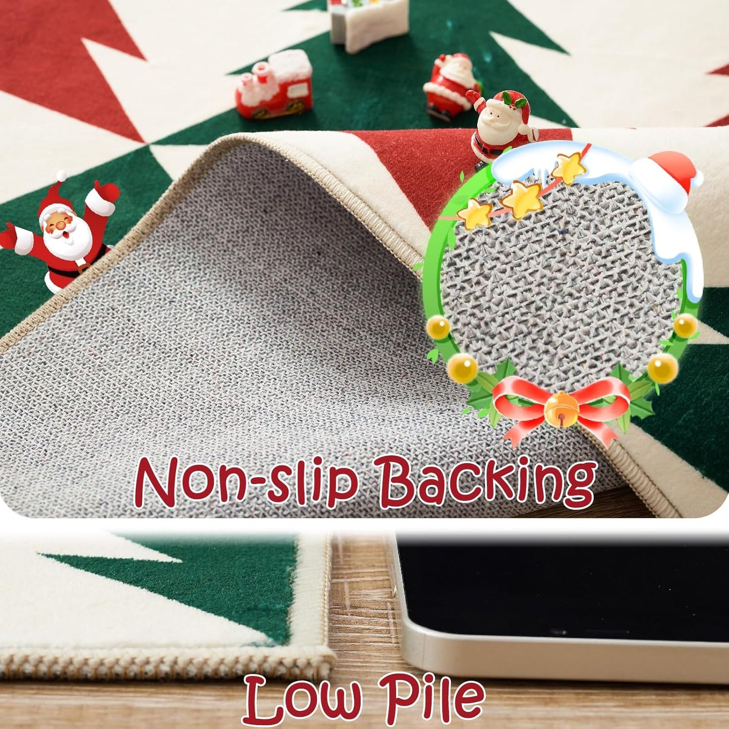 jinchan Christmas Runner Rug 3x8 Hallway Rug Xmas Tree Runner Kitchen Rug Soft Washable Non Slip Holiday Decorative Floor Carpet for Bedroom Bathroom Laundry Living Room (Red & Green on Cream,3x8ft)