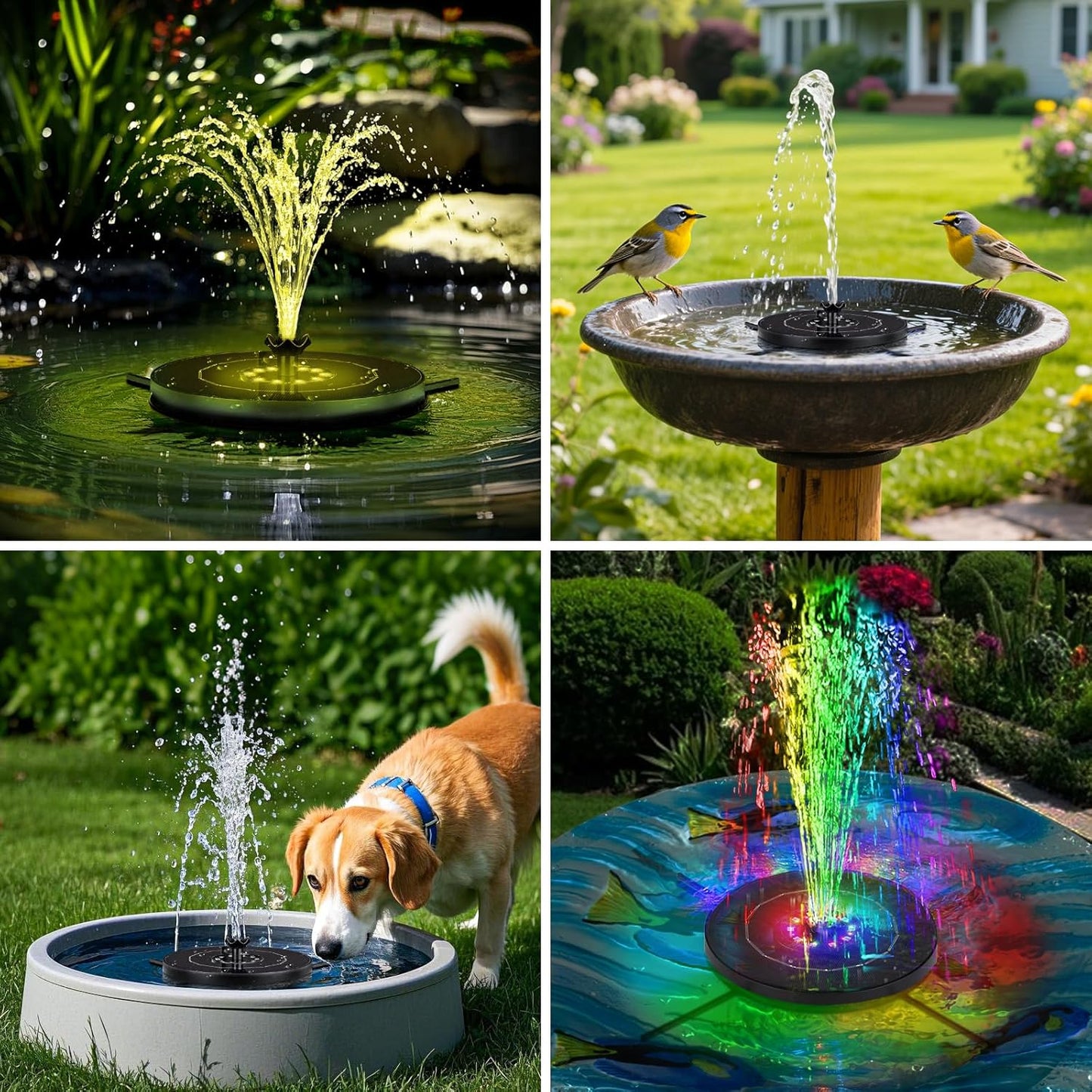 SEIRMEP Solar Fountain Pump - Upgraded Glass Bird Bath Fountain with LED Lights & 6 Nozzles | 3 Spray Heights