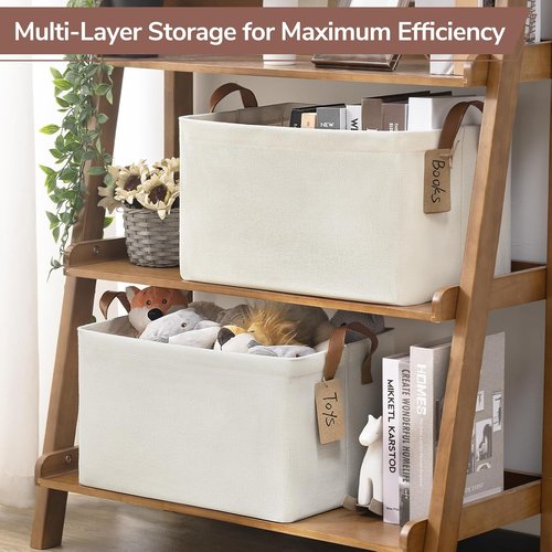 CHICVITA Large Storage Baskets - Collapsible Closet Organizer Bins with Metal Frame | 16.8" x 11" x 9.8", Beige