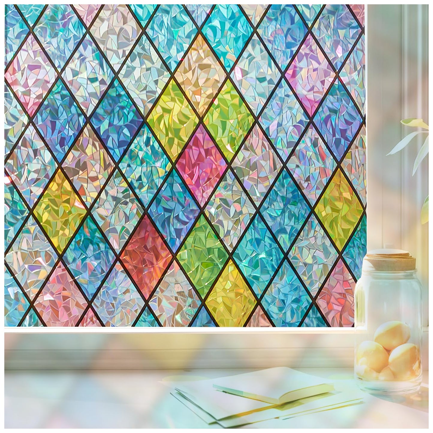Windimiley Stained Glass Window Privacy Film:3D Rainbow Floral Decorative Frosted Static Cling Bathroom Heat Control Sun Blocking Window Sticker Non Adhesive Door Window Covering(23.6 x78.7in,Lattice)