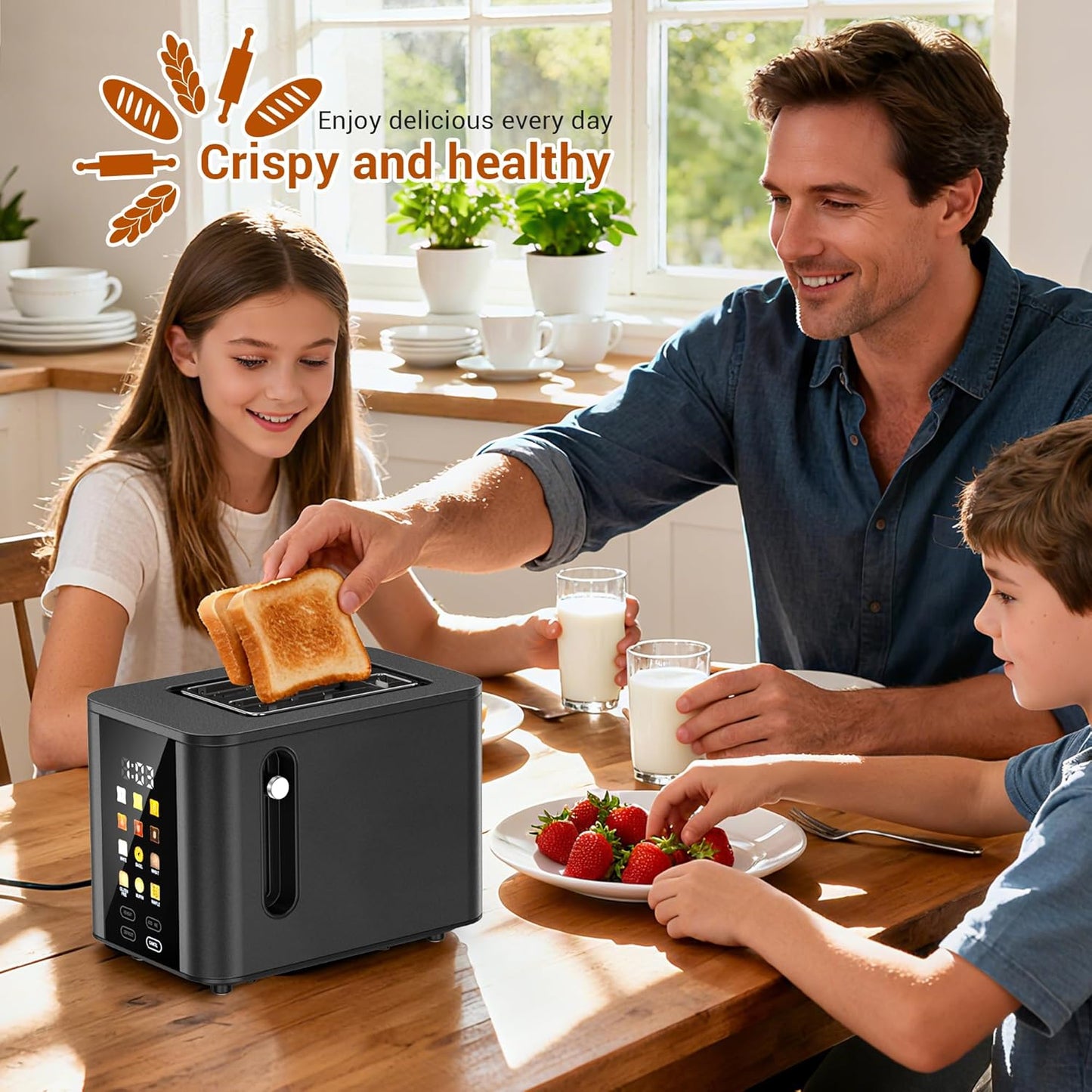 Skiennix Touch Screen Toaster - 2 Slice Black Toaster with LCD Display & 6 Shade Settings