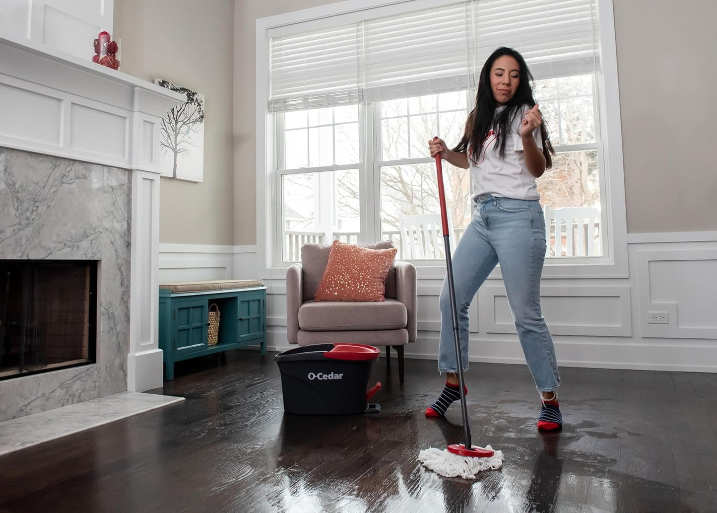 O-Cedar EasyWring Microfiber Spin Mop System - Includes 2 Extra Refills | Red and Gray