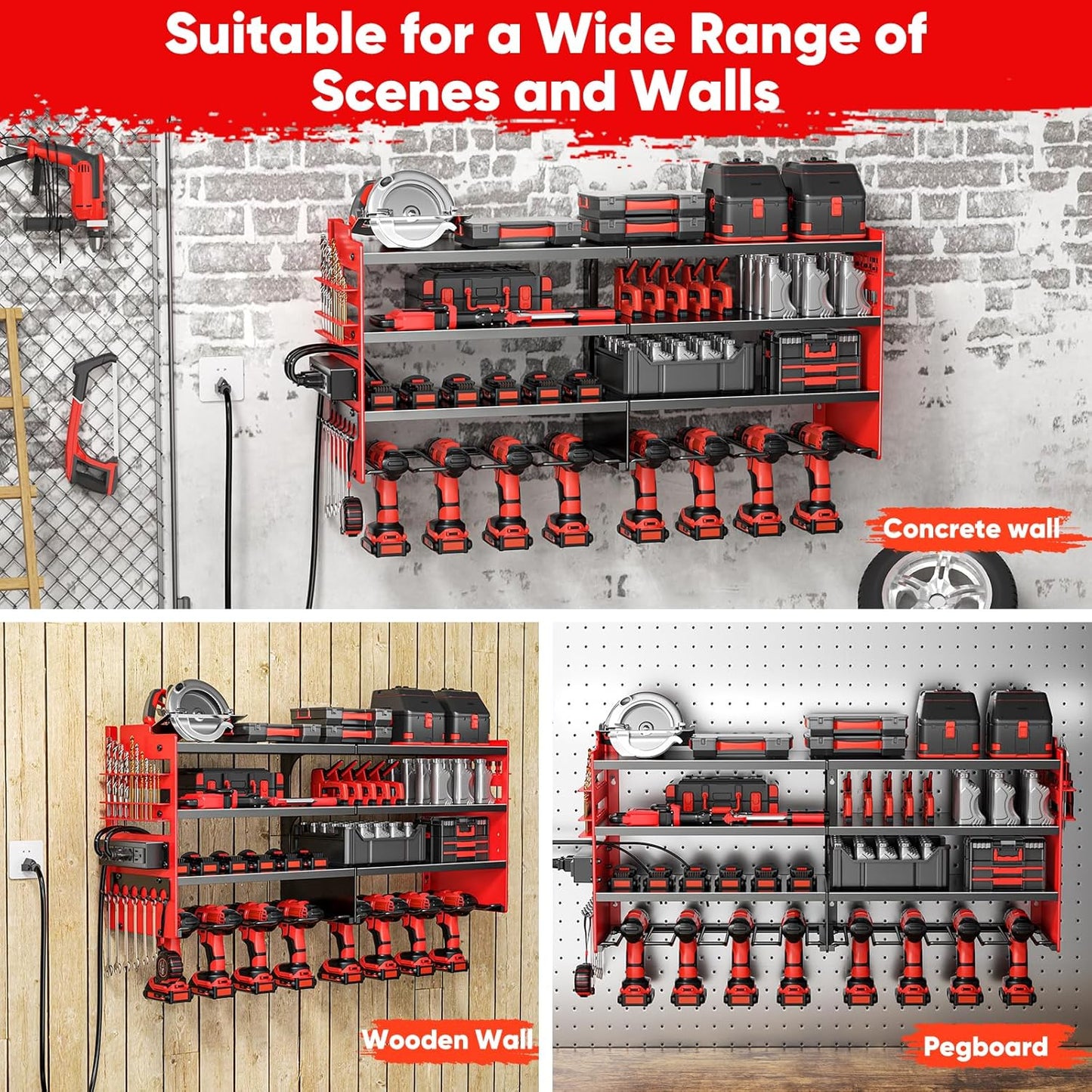 POKIPO Large Power Tool Organizer - Heavy Duty Wall Mount Storage Shelf with Charging Station | 600lbs Capacity, 4 Outlet Power Strip, 8 Drill Holders