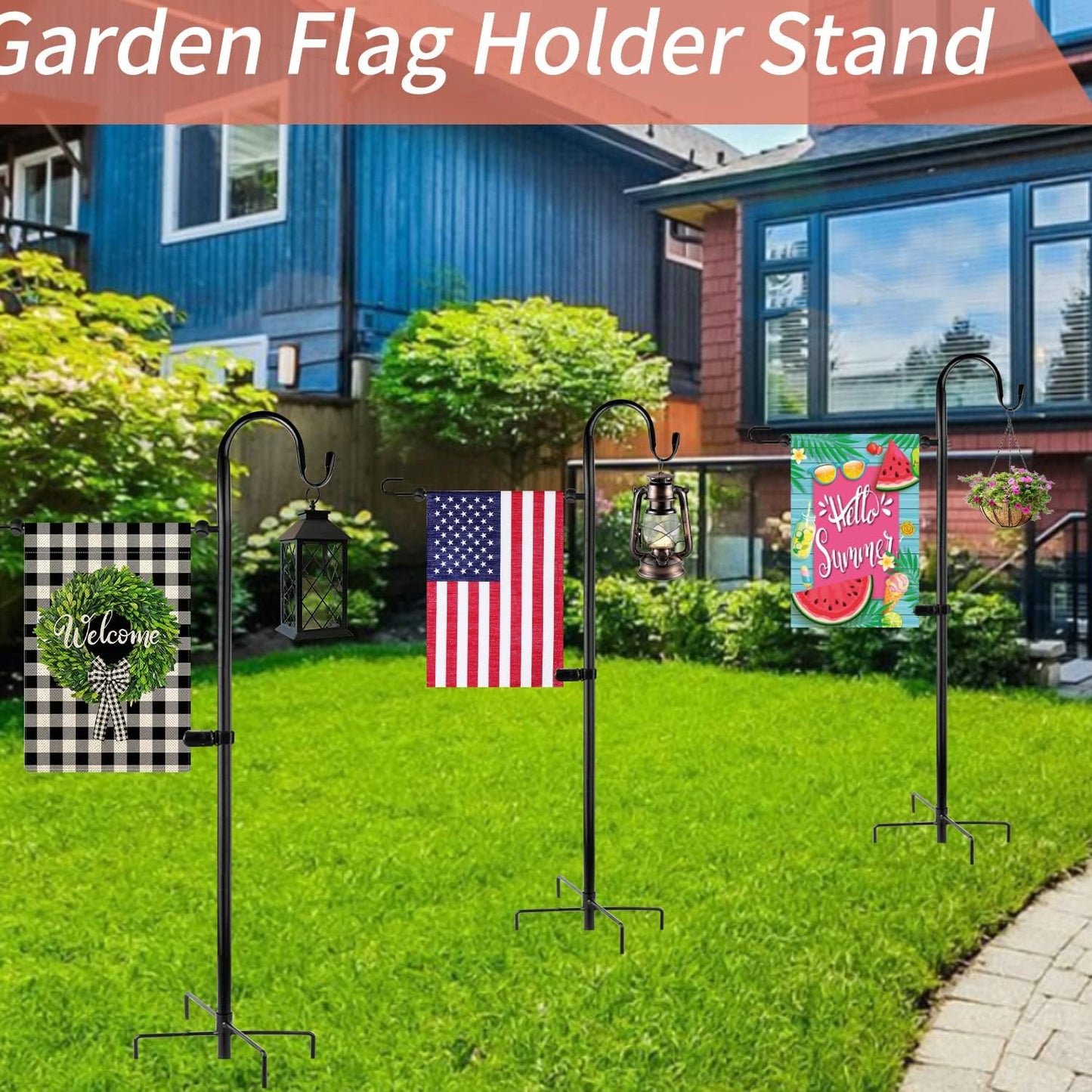 **GFSH Garden Flag Holder Stand - 48 Inch Metal Pole for 12x18 Flags & Solar Lights | Black**