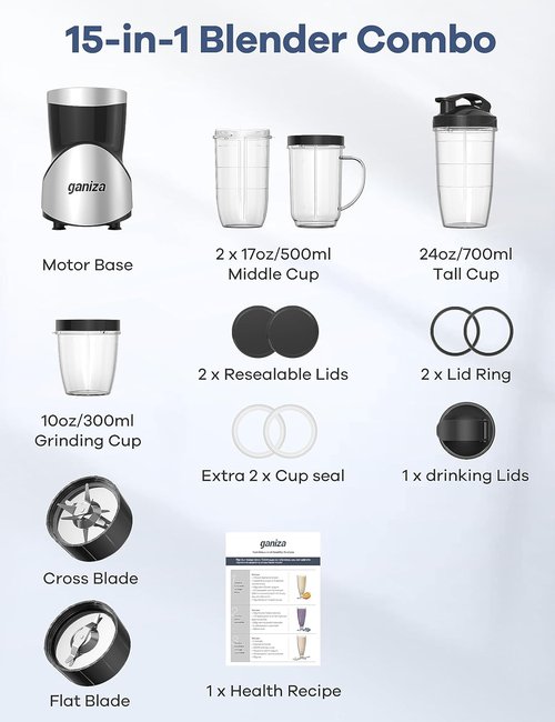 Ganiza Smoothie Blender - 900W Personal Blender & Grinder Combo with 4 BPA-Free Cups | Perfect for Shakes & Smoothies