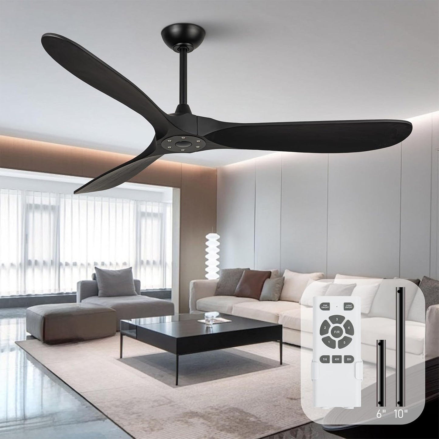 60 inch Ceiling Fans Without Lights, Wet Rated Outdoor Ceiling Fans with 3 Wood Blades, for Patios Outside Porch, Noiseless Reversible DC Motor and Remote, for Outdoor Indoor,Black