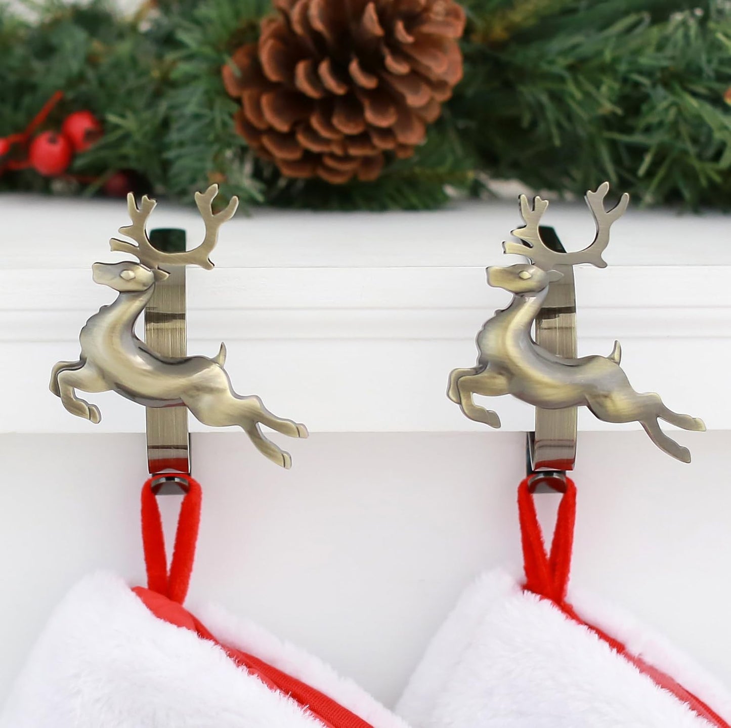 Gold MantleClip Stocking Holders Set - 4-Pack Removable ZINC Alloy Holiday Icons