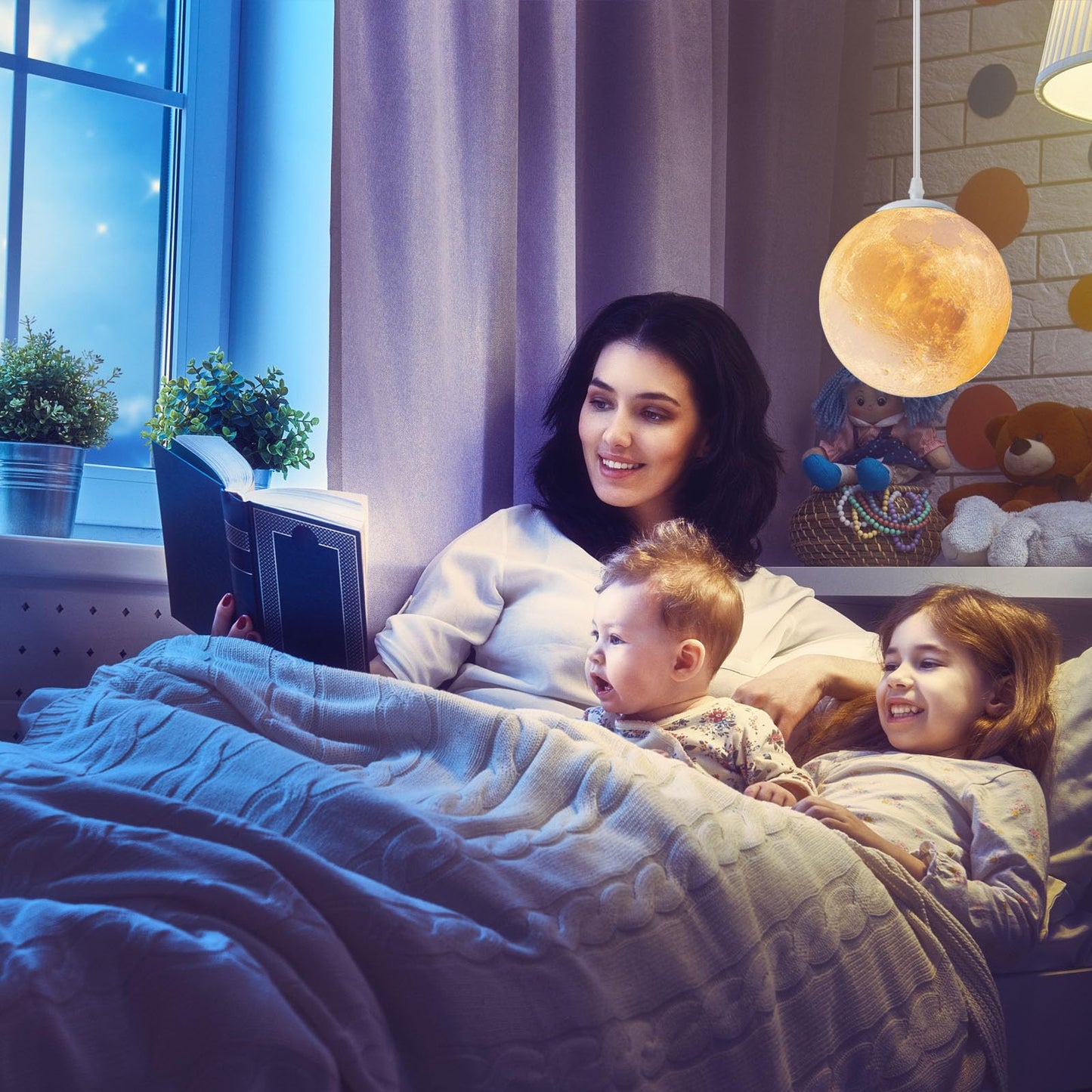 JLOWCO Plug in Pendant Lighting,Hanging Lamps That Plug Into Wall Outlet White,Light Fixtures Ceiling Hanging Lights with Plug in Cord and Switch,Led Moon Lights for Kids Bedroom(Bulb Included)