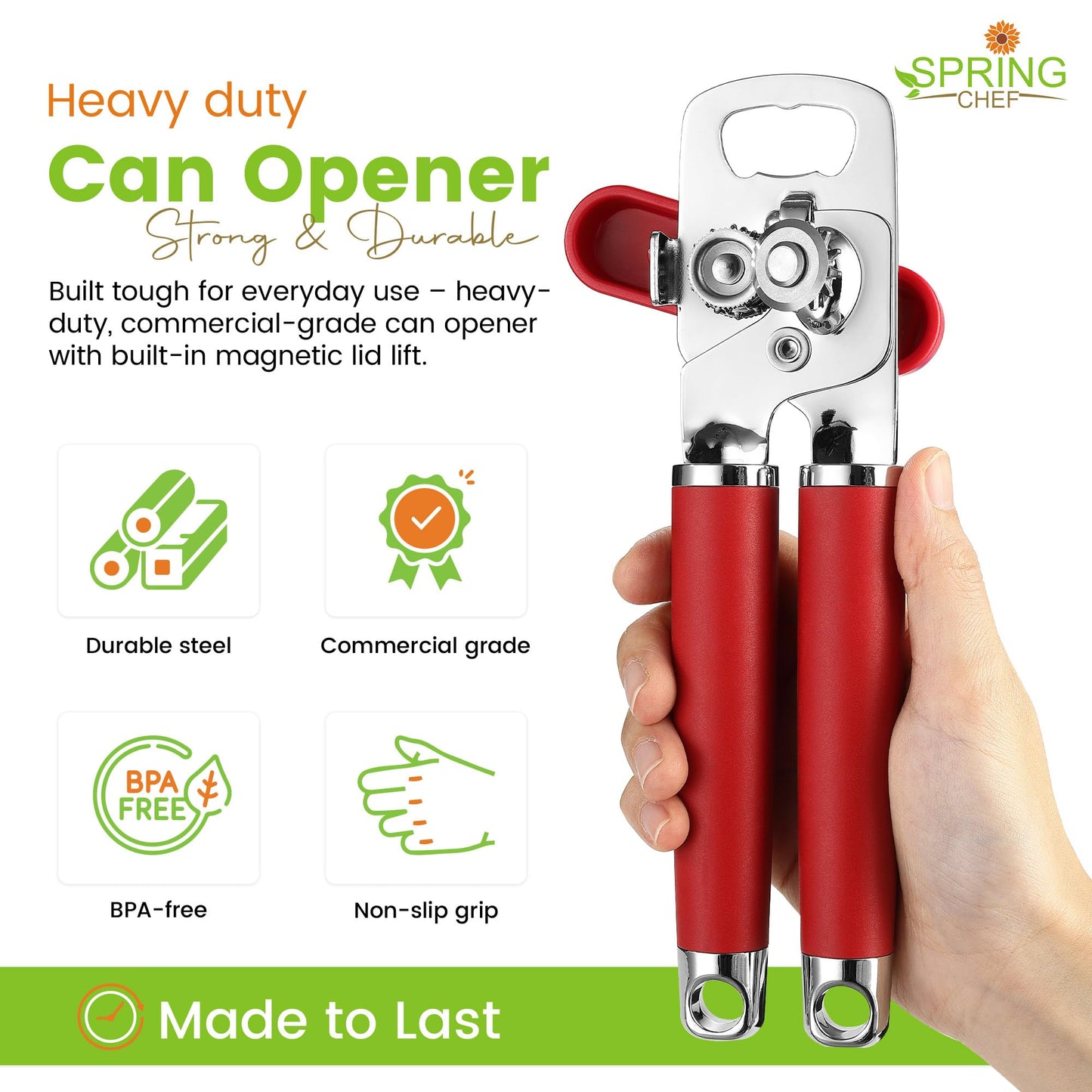 Spring Chef Stainless Steel Can Opener - Manual with Soft Grip Handles, Easy Turn, Heavy Duty Hand Can Opener for Seniors with Smooth Edge - Red