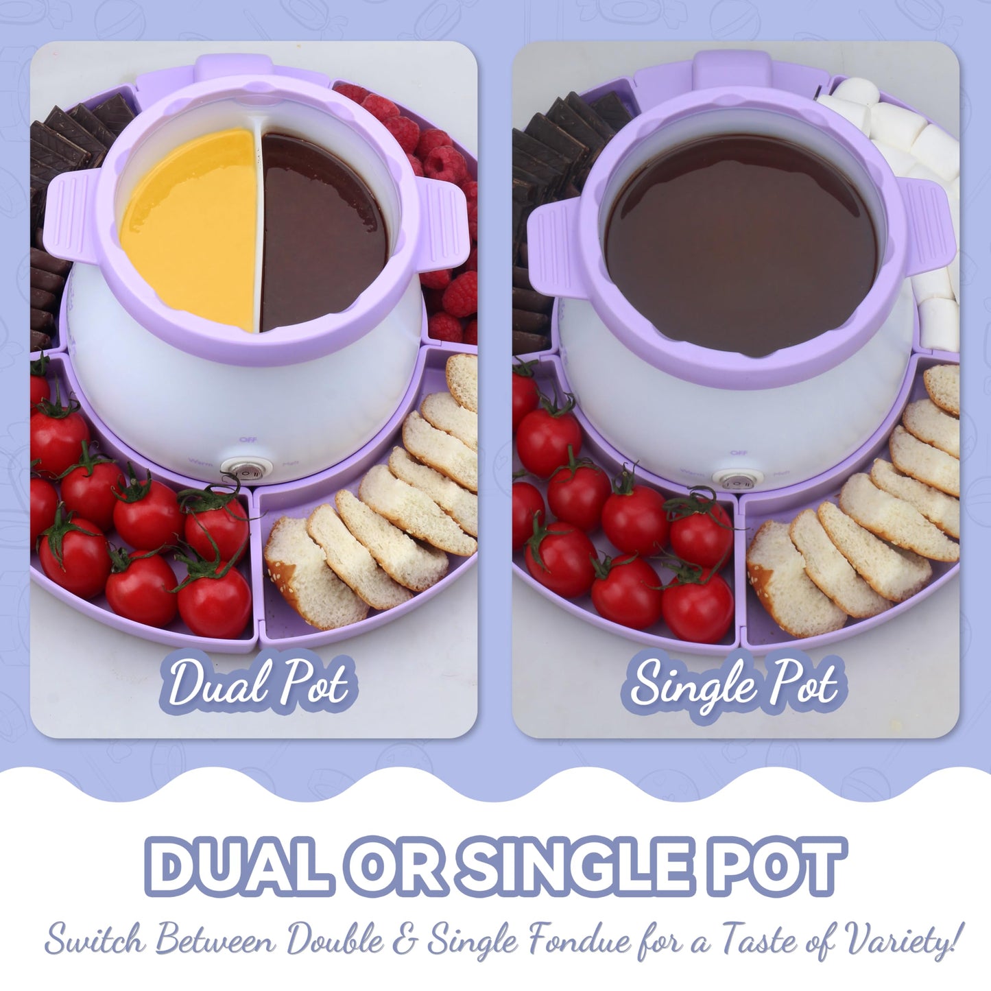 Party Desserts Electric Fondue Pot Set with 2 Pots, Candy & Chocolate Melting Pot, Melting Chocolate Warmer for Dipping, Fondue Pot Electric Set, Fondue Forks Included, 2.5 Cups, Lavender