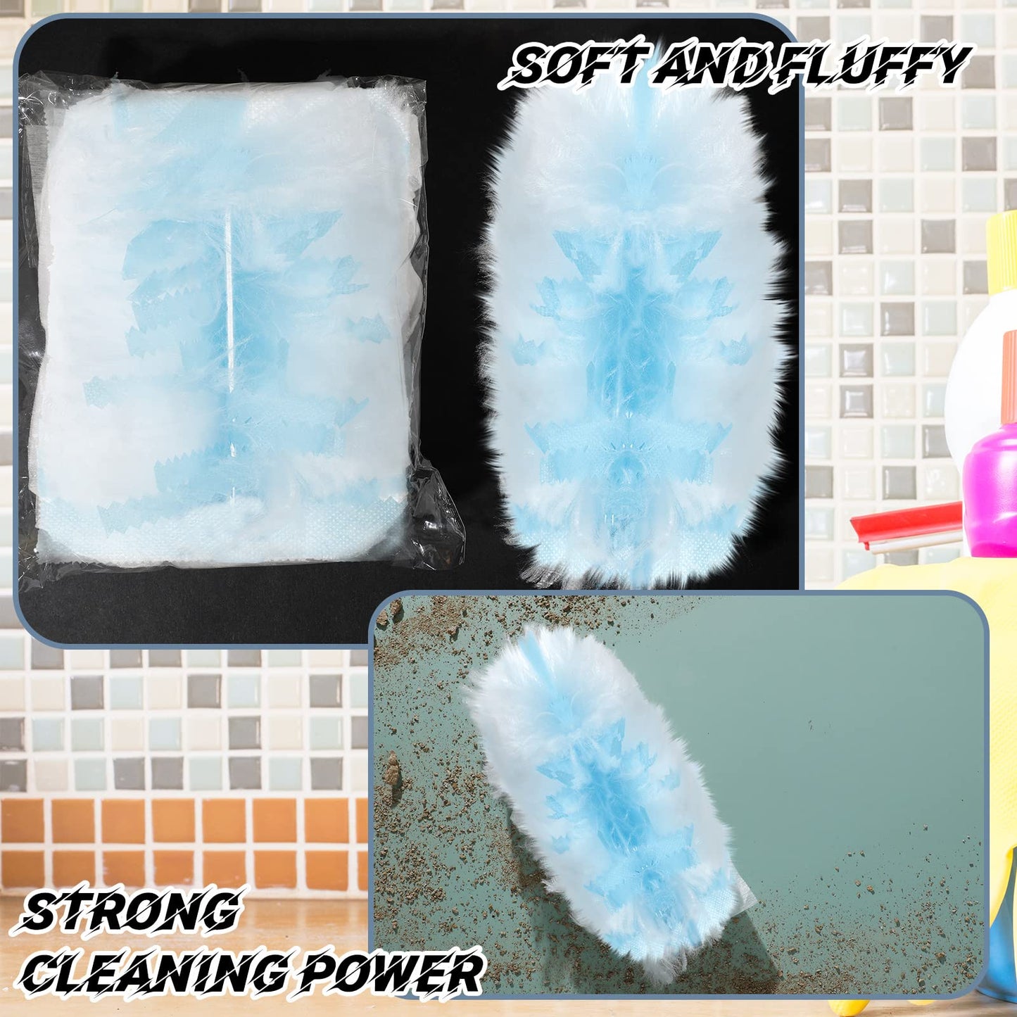 Vesici 300 Pcs Duster Refills Compatible with Swiffer Dusters Bulk Disposable Replacement Thickened with 1 Handle Heavy Duty for Cleaning, Office (Blue)