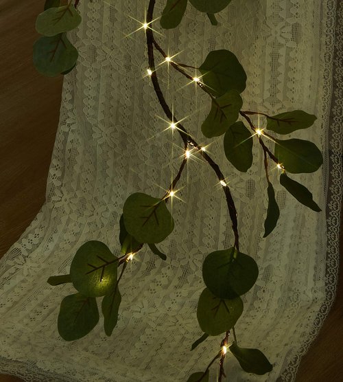 Hairui Lighted Artificial Eucalyptus Garland 6FT 96 LED Battery Operated Faux Vine Lights with Timer for Spring Wedding Backdrop Wall Decor