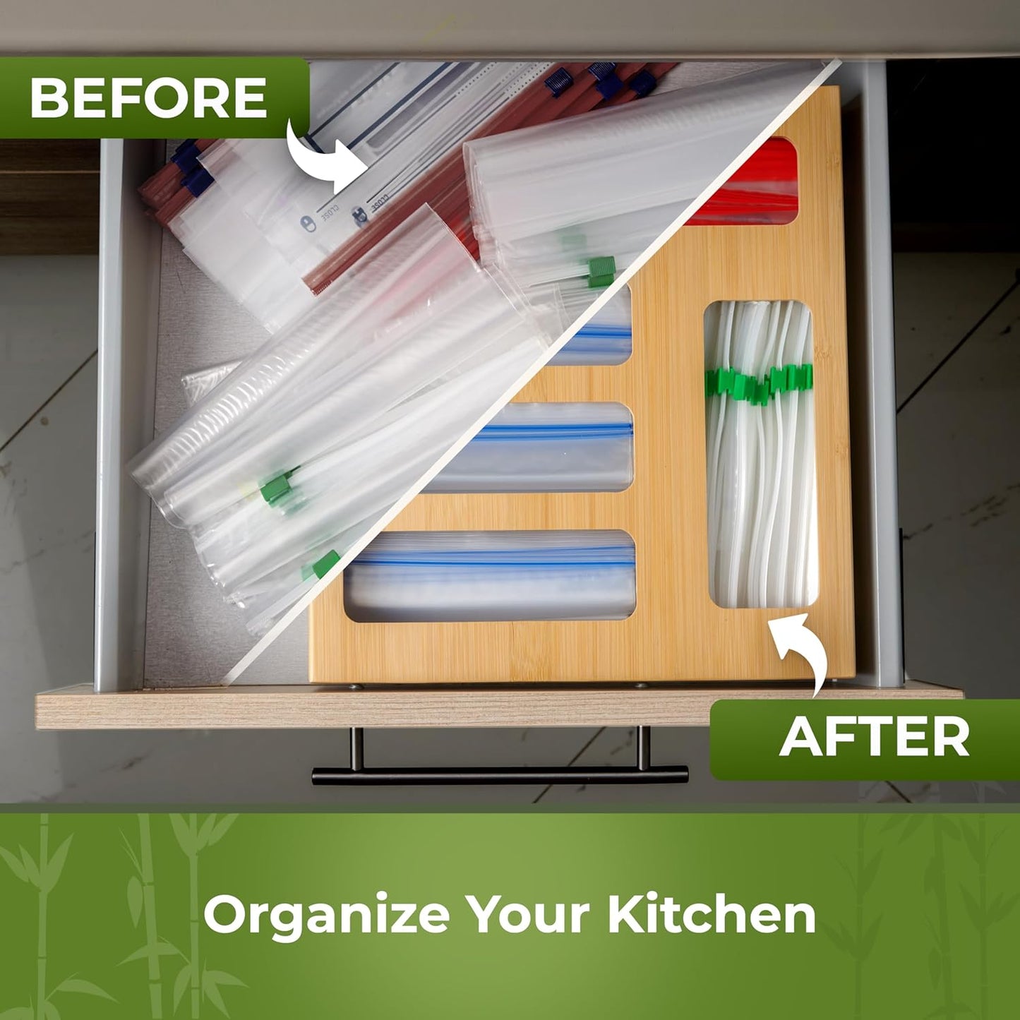 Skiennix Kitchen Drawer Organizer - 9-in-1 Sandwich Bag & Foil Wrap Dispenser | Fits Gallon, Quart, Snack Sizes