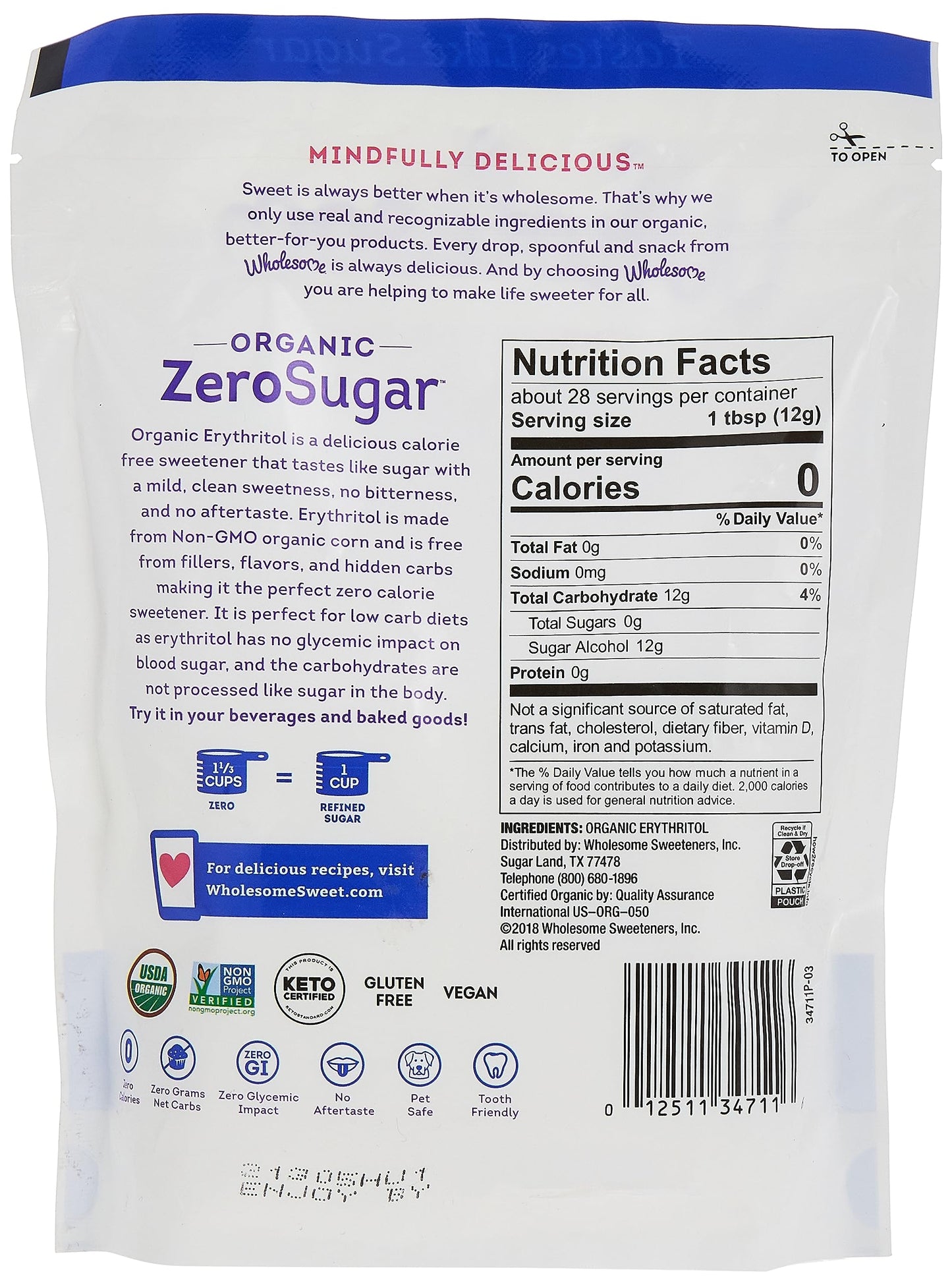 Wholesome Sweeteners 12-Ounce Organic Erythritol Sweetener, Zero Calorie Sweetener, Keto Friendly, Non GMO, Gluten Free & Vegan Sweetener, 8 Pack