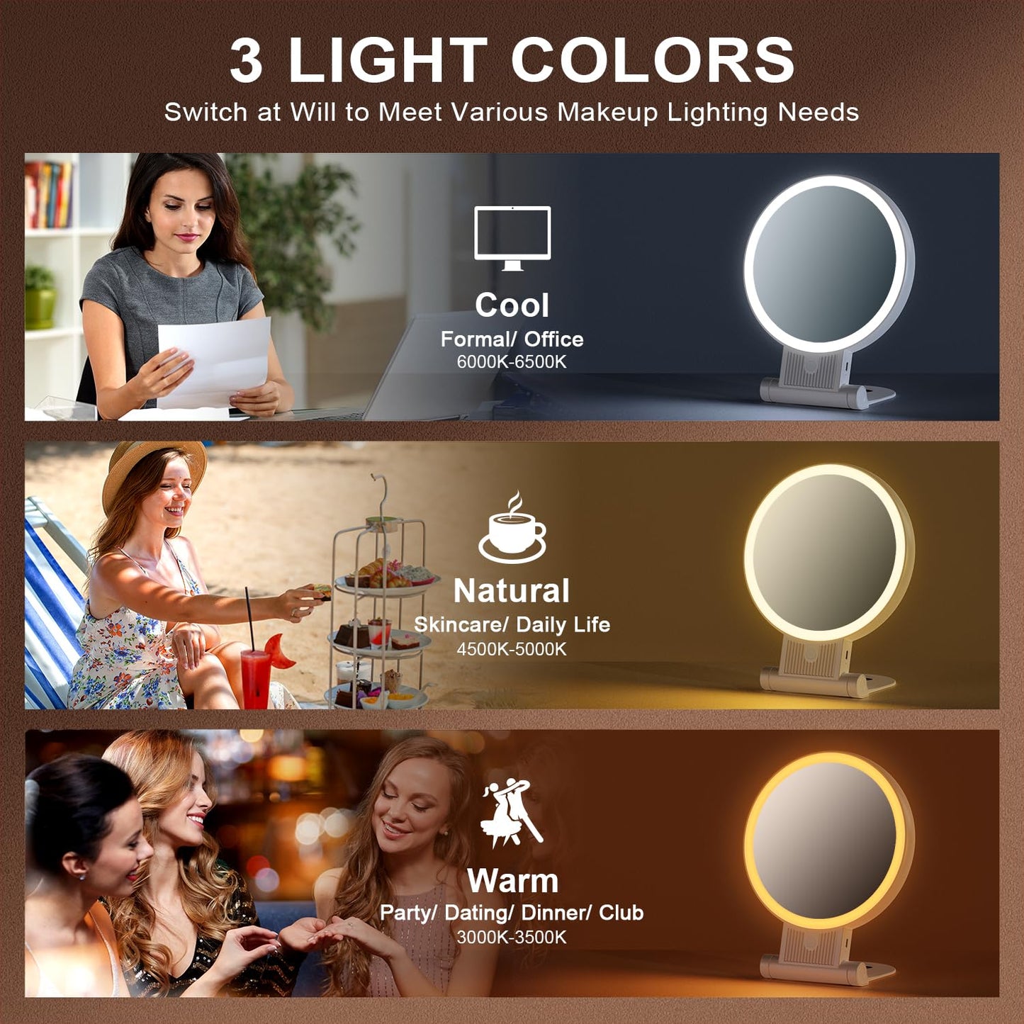 Auxmir 1X/ 30X Magnifying Mirror with Light, Double Sided Makeup Mirror with Adjustable Folding Handle, Lighted Vanity Mirror with Tweezer, Portable Tabletop Mirror for Travel Home
