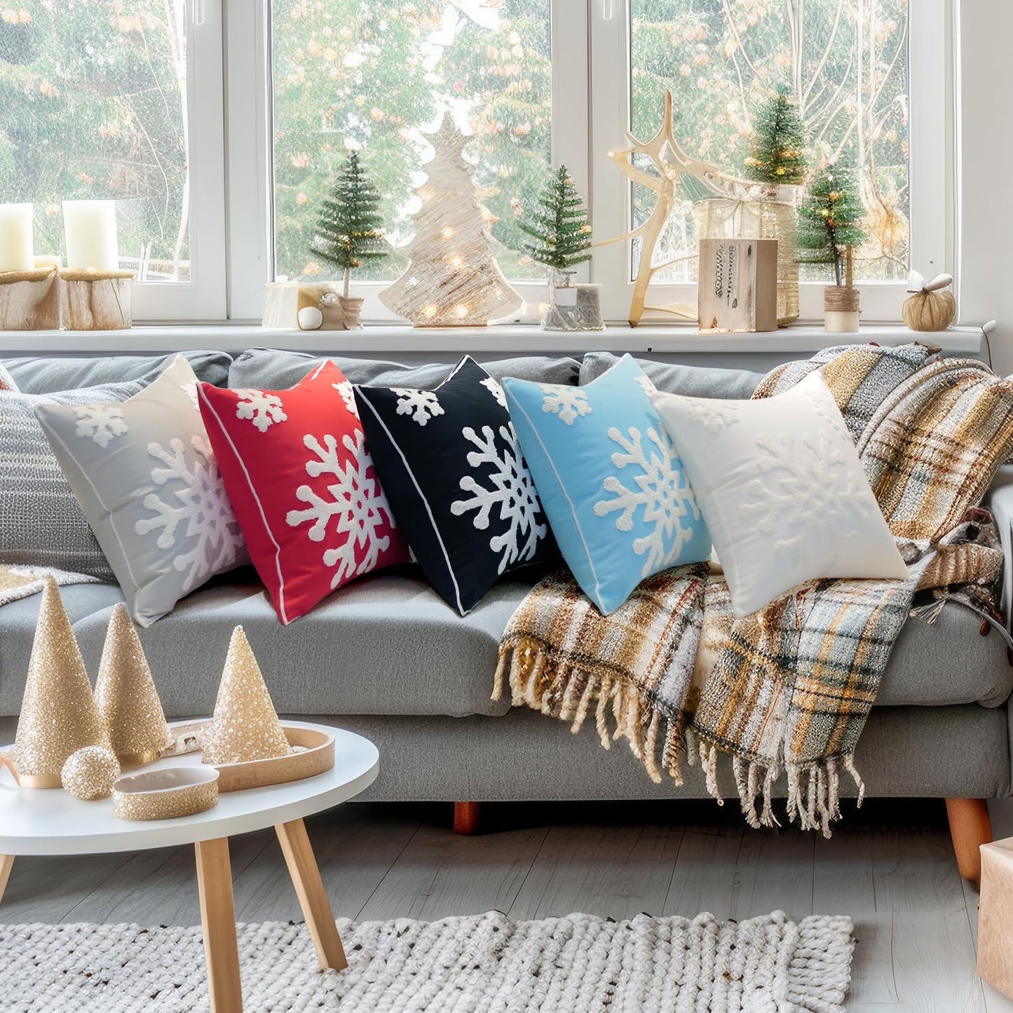 Christmas Snowflake Embroidered Throw Pillow Covers - 18x18 Cotton Linen, Set of 2