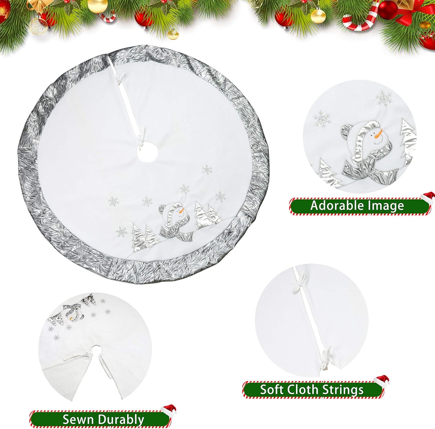Luxury 36'' Snowman Christmas Tree Skirt - Silvery White Embroidered Snowflake with Satin Border