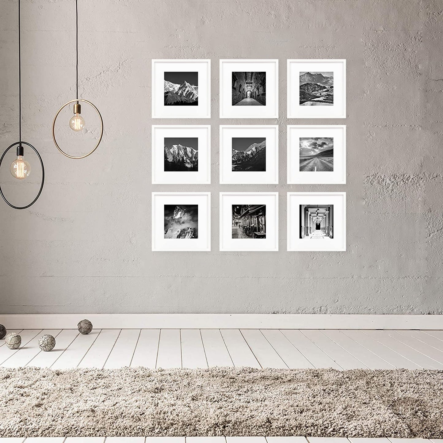 Hongkee 12x12 White Picture Frame set of 3, Made of Real Glass and Wooden Square Photo frame - Displays Picture 8x8 With Mat or 12 x 12 Without Mat, Desktop & Wall Collage Photo Frame
