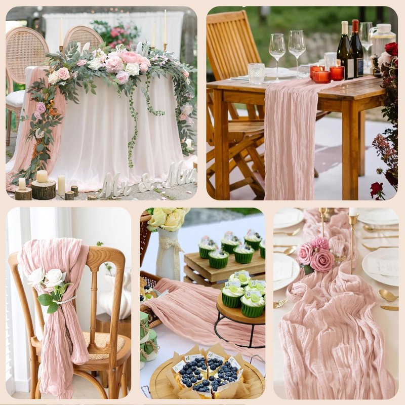 Wokceer Dusty Pink Cheesecloth Table Runner Spring 10FT Boho Gauze Easter Cheese Cloth Table Runner for Party 120 Inches Long Rustic Sheer Runners for Baby Bridal Shower Decor