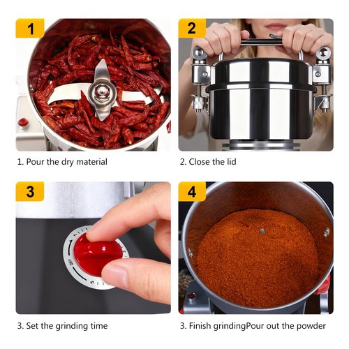 2000W Electric Grain Grinder, Stainless Steel Commercial Grade Dry Mill - Ultra-Fine Powder Machine for Wheat, Rice, Corn, Spices & Coffee - High-Speed Flour Maker for Home Kitchen or Professional Use