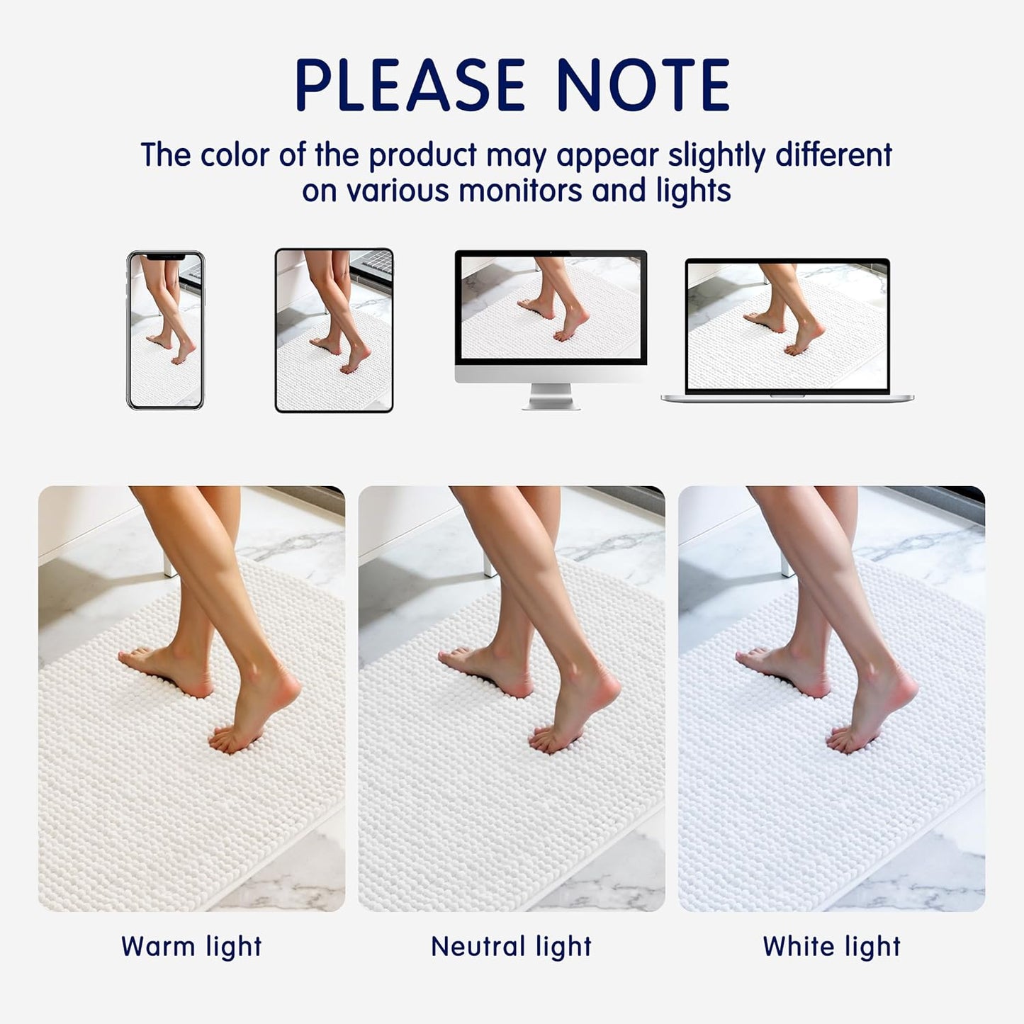 Subrtex Chenille Bath Rug - Soft, Water Absorbent Shower Mat | Quick Dry, Machine Washable (White, 16" x 24")