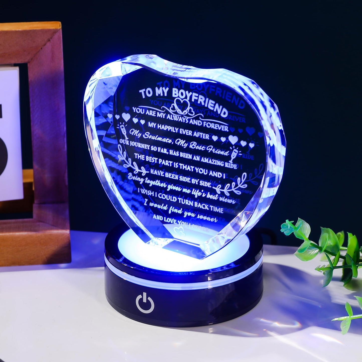 YWHL Gifts for Boyfriend with Colorful LED Base Unique Boyfriend Birthday Gift Ideas from Girlfriend Romantic Heart Crystal Keepsakes to My Boyfriend Gifts for Anniversary Christmas Valentine Day