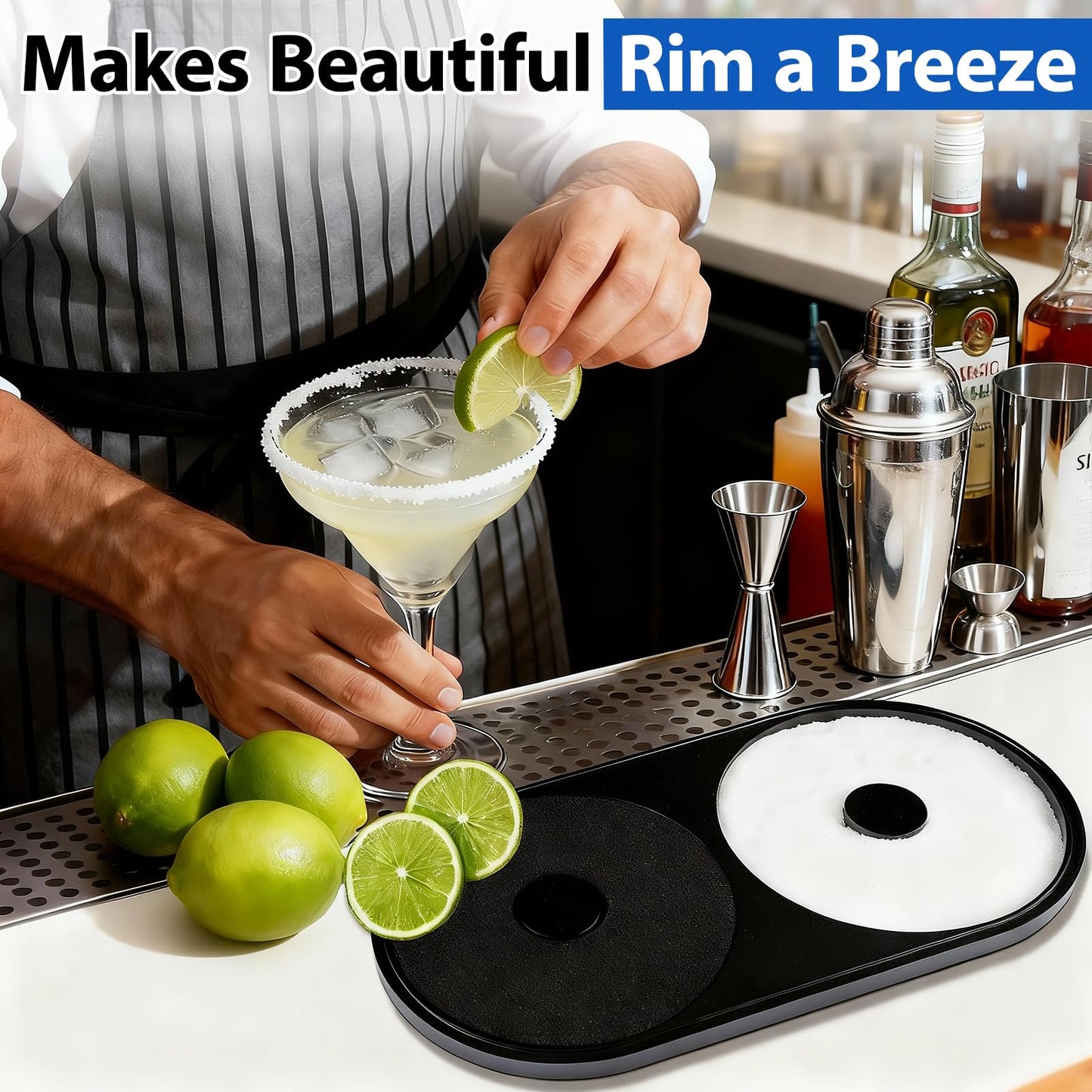 Margarita Salt Rimmer Set, 1 Pack Bar Salt and Sugar Rimmer with Sponge, 2-in-1 Bar Glass Cocktail Rim Set, Dishwasher Safe Black Barware Tools for Margarita Mojitos (Black)