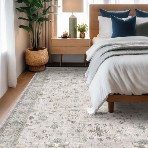 Hazo Haus Boho Light Grey Area Rug - Modern Vintage Floral Design | Washable 8x10 Non-Slip Extra Large for Living Room & Dining Room