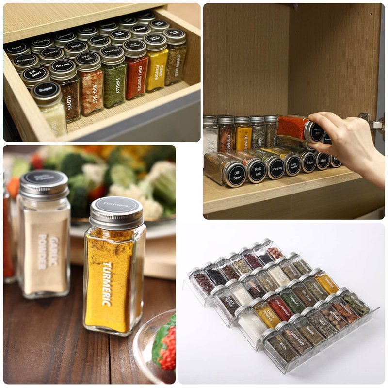 Antimbee 28 Pcs Clear Glass Spice Jars,3.5 oz Glass spice jar with 324 labels, Funnel,Chalk Pen,Shaker Lids and Airtight Metal Caps, Empty Square Spice Bottles for Spice Rack, Cabinet, Drawer