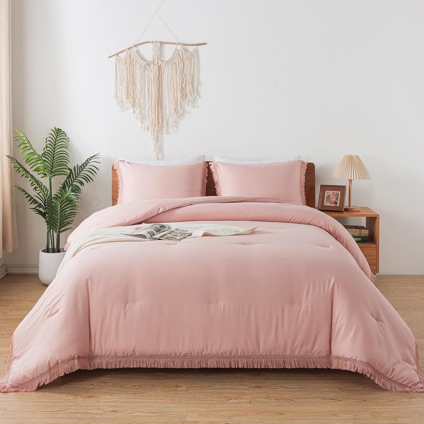 Andency Pink Comforter Set King Size for Girls, Blush Boho Women Tassel Lightweight Bedding Comforter Sets, 3 Pieces All Season Soft Fluffy Fringe Bed Set (104x90In Comforter & 2 Pillowcases)