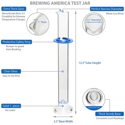 Brewing America Glass Hydrometer Test Tube Jar & Cylinder Brush - Narrow Flask for Alcohol by Volume Test - Moonshine, Homebrew Beer, Home Wine Making Kits, Borosilicate Glass 3.3