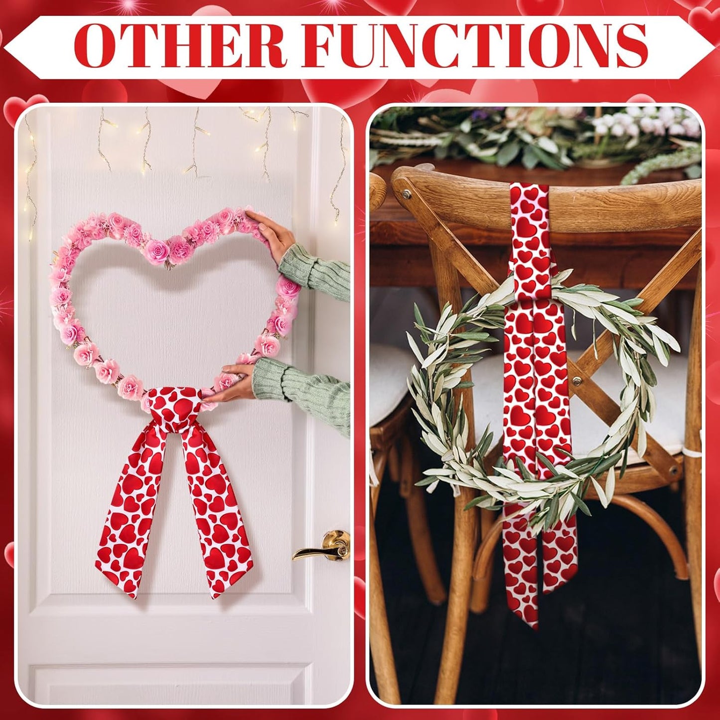 VitalCozy Wreath Sash Set - 2 Pcs Pink Heart Ribbon for Front Door & Indoor Decor | 4.5" W x 56" L