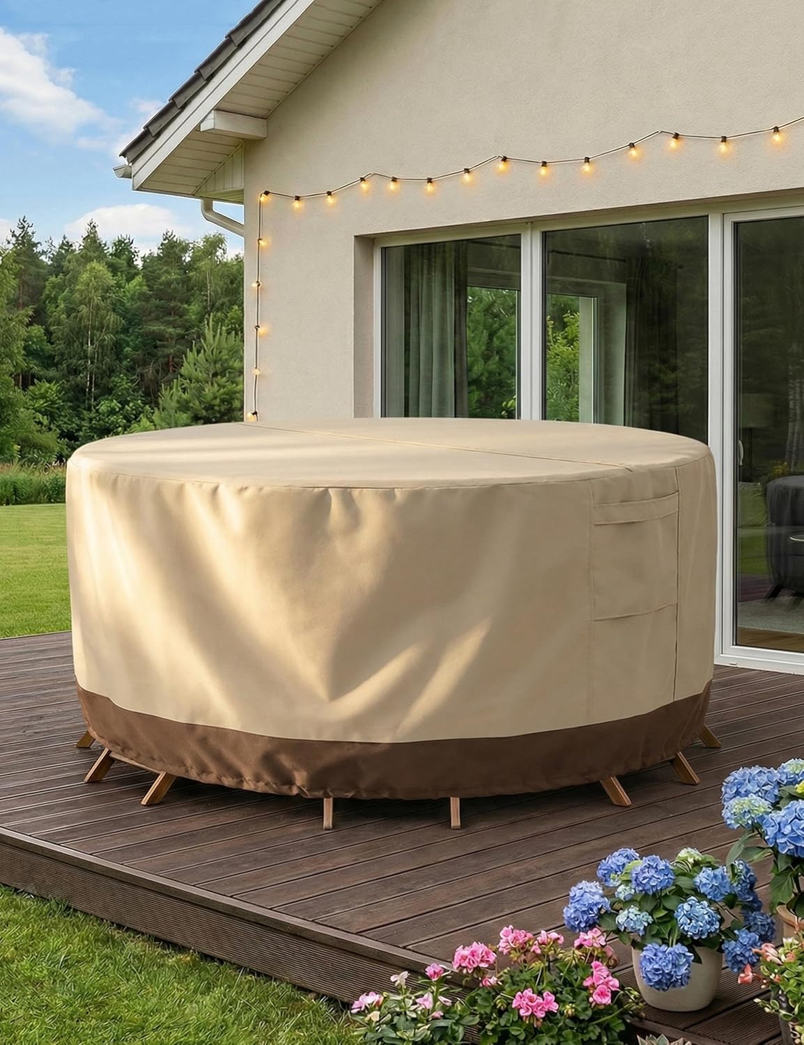 Vailge Outdoor Furniture Covers - Waterproof & Windproof 600D Oxford | Round Beige & Brown, 84" DIA x 28" H