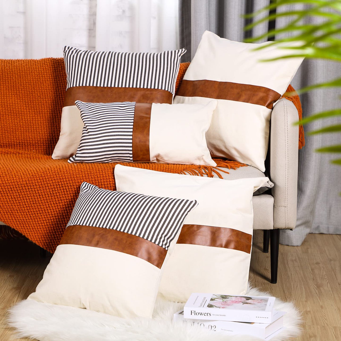Tradder Farmhouse Decorative Pillow Covers Set of 5 20x20 18x18 12x20 Inch Modern Boho Faux Leather and Linen Stripe Pillowcase for Home Couch Living Room Decor(Cool Style, Cool Style)