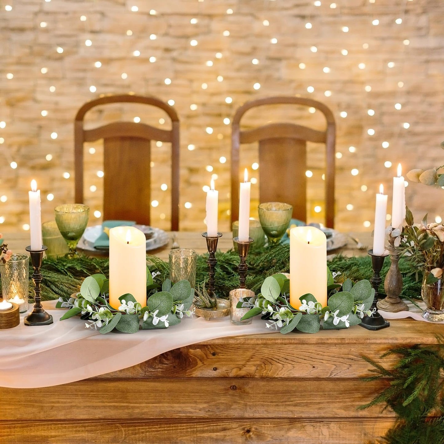 VIHOSE 10 Set Candle Rings Artificial Eucalyptus Leaves Wreaths with Flameless Candles Sets Boho Wreath Pillar Candleholders LED Pillar Battery Table Centerpieces for Wedding Home Party Decor
