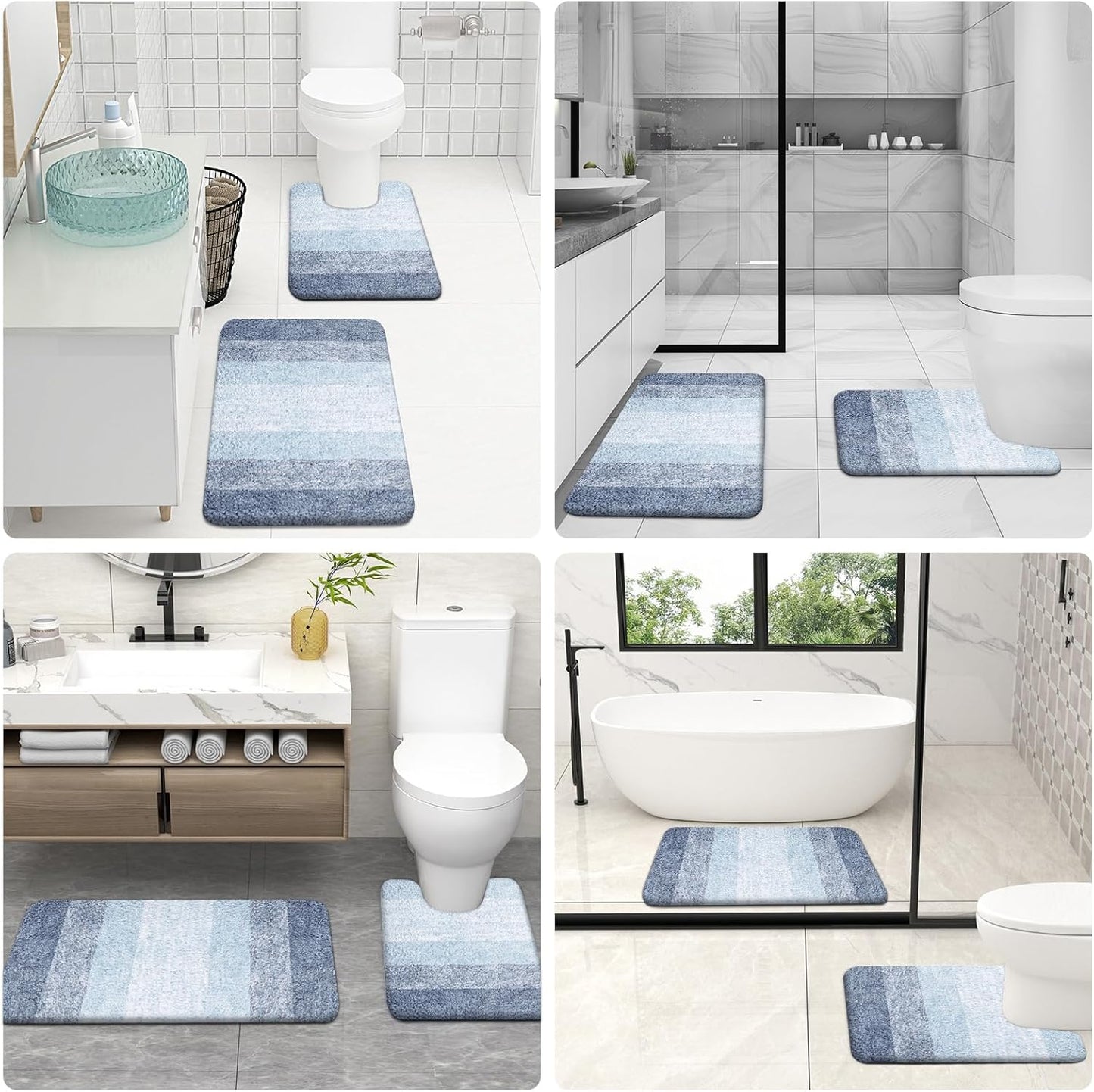 OLANLY Bathroom Rug Set - Soft Absorbent Microfiber Mats with Non-Slip U-Shaped Contour Rug | Blue, 2-Piece Set (24"x16" + 24"x20")